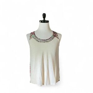 Miss Me MDT360 Cream Embellished Neck Sleeveless Tank Top Shirt Size S
